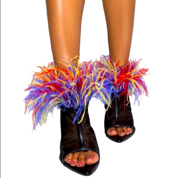Azalea Wang Sasha Multi-Colored Feather Trim Photoshoot Open Toe Ankle Booties - Picture 2 of 4